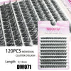 A package of 120 pieces of individual cluster eyelash extensions in black on a pink background.