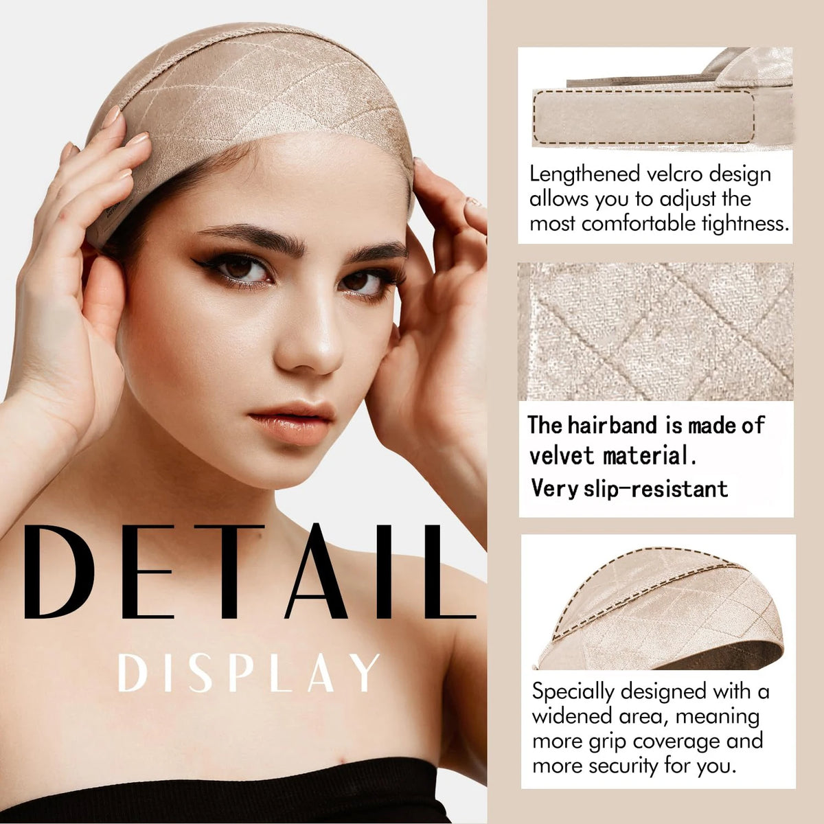 Gros plan d'un bandeau en velours beige conçu pour les tenues de perruques, montrant sa texture et son ajustement.