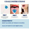 Instrucciones para usar un set de limpiador de lengua manual con cepillo de silicona, mostrando pasos para limpiar la lengua.