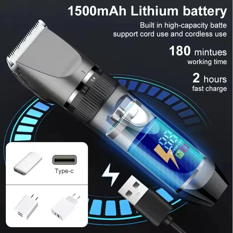 A silver electric hair clipper battery pack with a blue light, showing charging ports and power indicators.