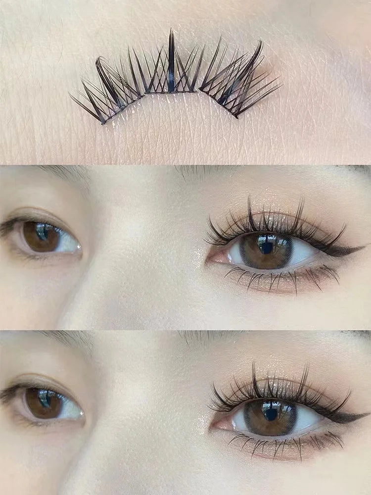 Gros plan d'un kit DIY d'extensions de cils individuels montrant des cils naturels et rehaussés sur un œil.
