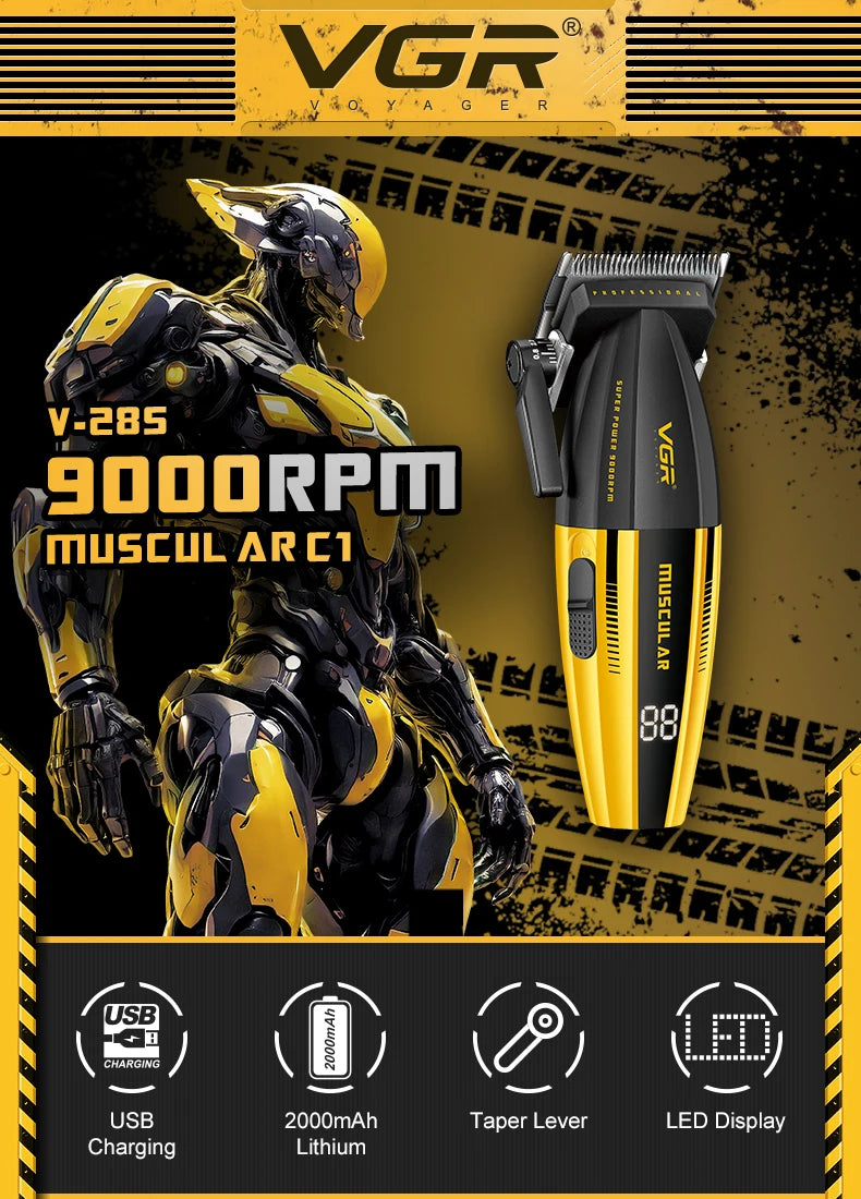 VGR V-285 electric hair clipper in yellow and black shown with accessories and features