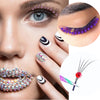 Close-up of a woman's eye and hand showcasing natural look brown eyelash clusters and purple false lashes.