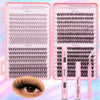 A set of professional lash extensions including various styles and a lash remover tool displayed in pink packaging.