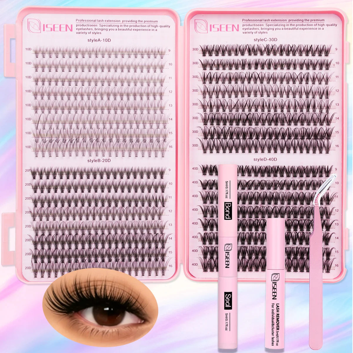 A set of professional lash extensions including various styles and a lash remover tool displayed in pink packaging.