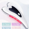 A silver microcurrent facial massager device is shown with features like high frequency vibration and temperature massage.