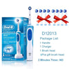 A white Oral-B vitality electric toothbrush and replacement brush heads are shown in a box.