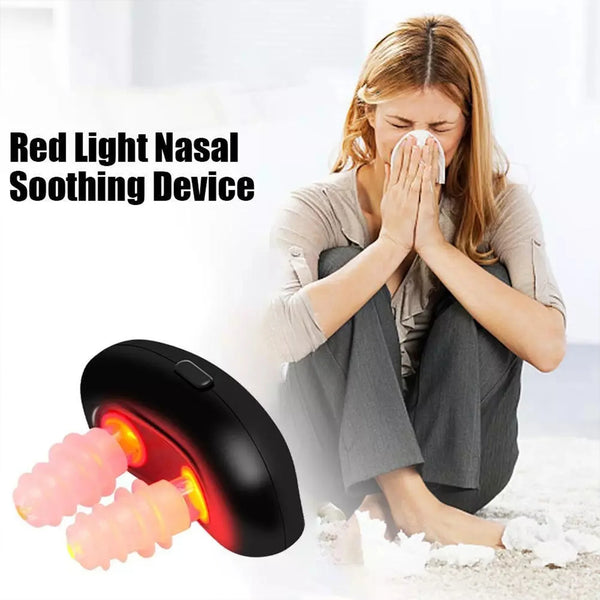 A woman is using a red light nasal soothing device, which is a portable infrared therapy tool, to relieve congestion.