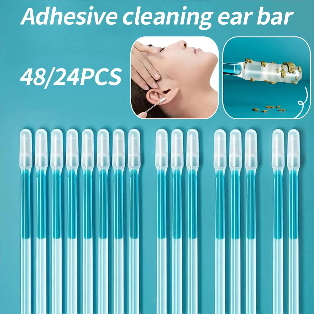 A collection of 48/24 pieces of adhesive cleaning ear bars in clear plastic tubes.