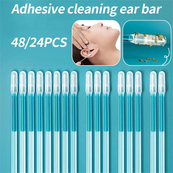 A collection of 48/24 pieces of adhesive cleaning ear bars in clear plastic tubes.