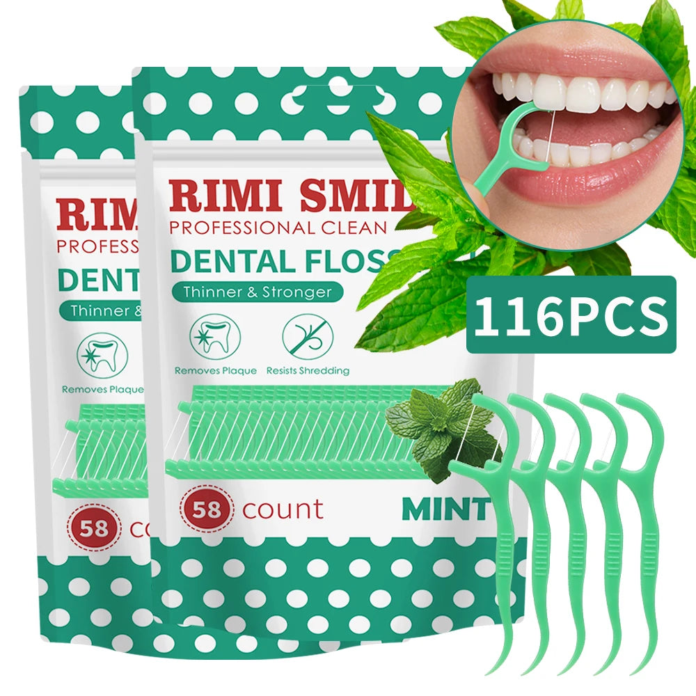 Pack of 116 dental floss picks in mint flavor with a green portable case