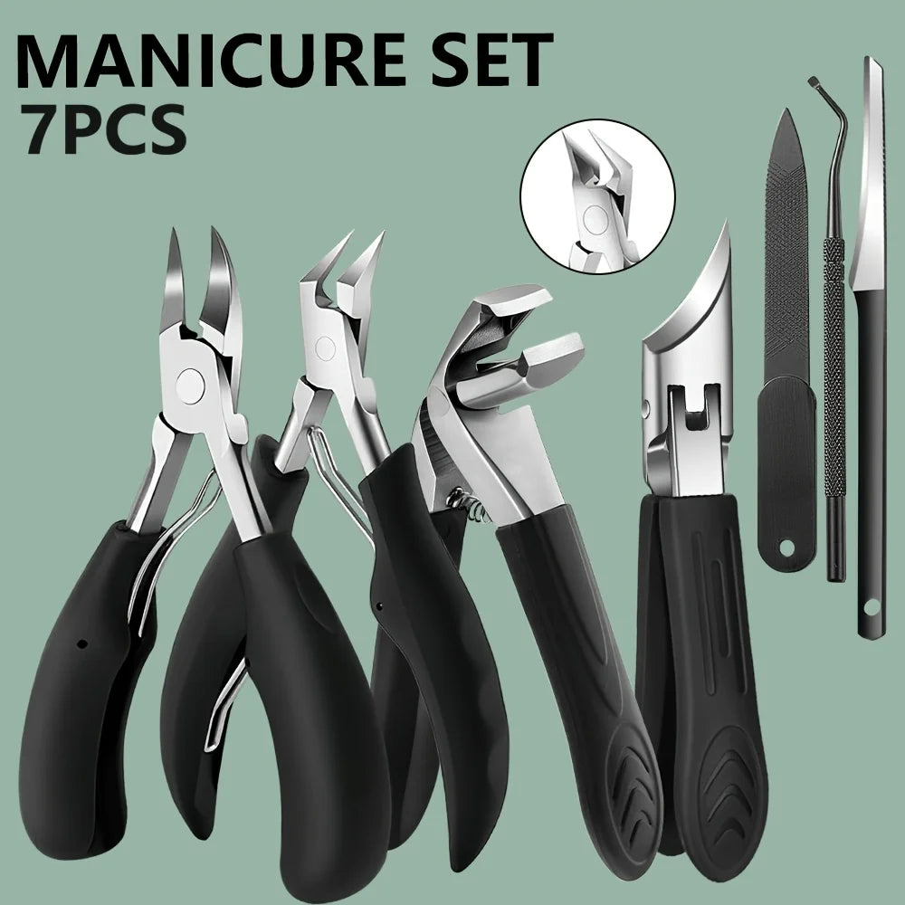 A set of seven professional stainless steel nail clippers and manicure tools displayed on a green background.