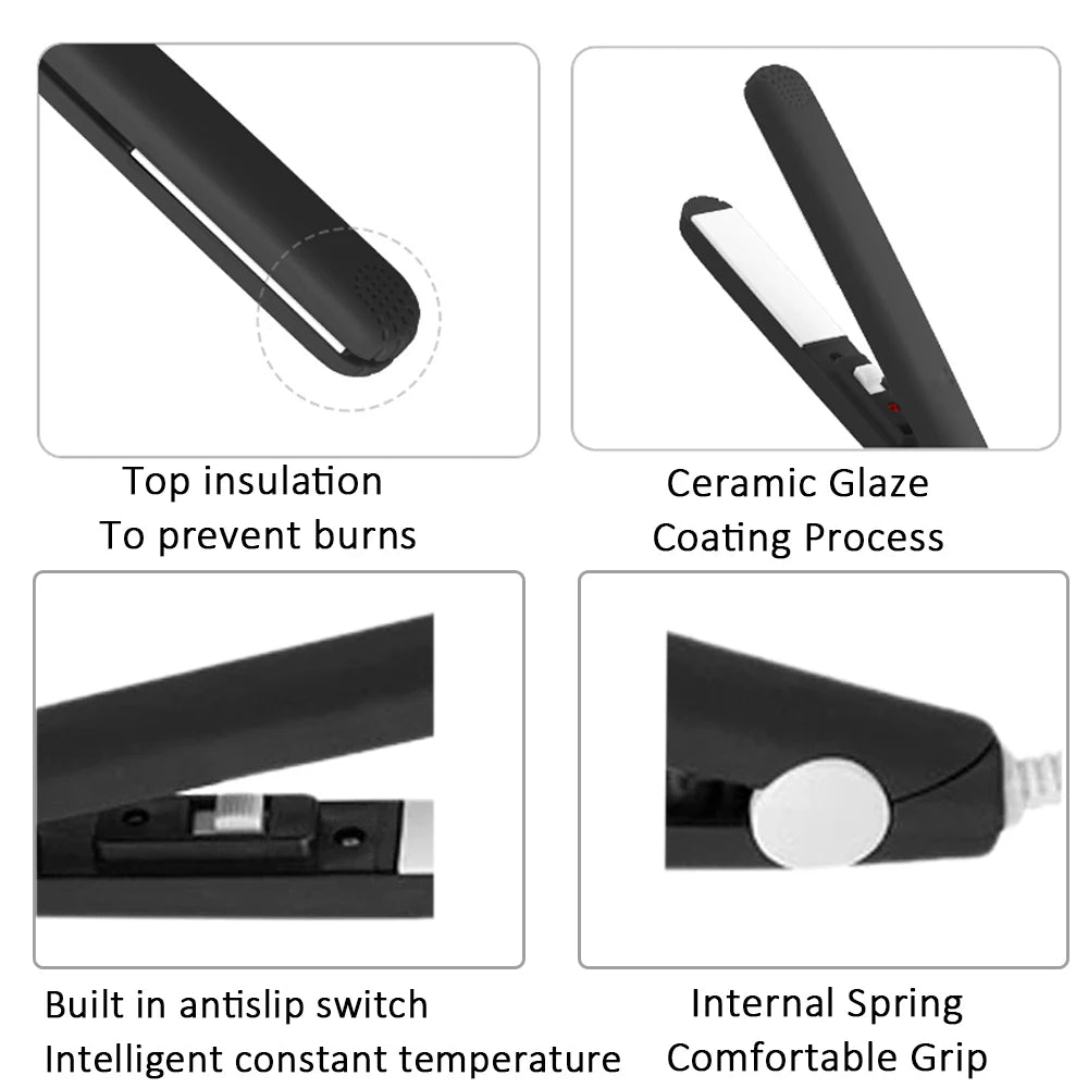 Diagrams showing features of a ceramic hair straightener and curler, including top insulation and glaze coating process.