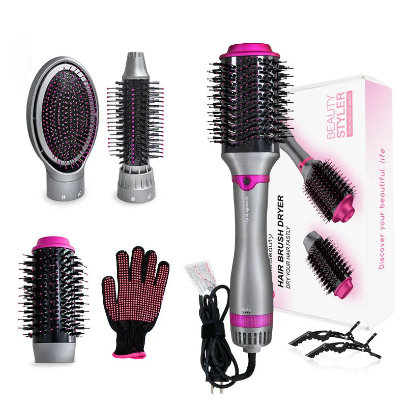Rosa und silberner Föhn-Set inklusive Bürste, Styling-Werkzeug und Handschuh für die Haarpflege.