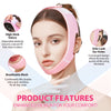 A woman is wearing a pink V-Line facial firming lifting mask designed with high-stick velcro and breathable mesh.