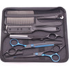 A black case containing professional stainless steel hairdressing scissors and combs.