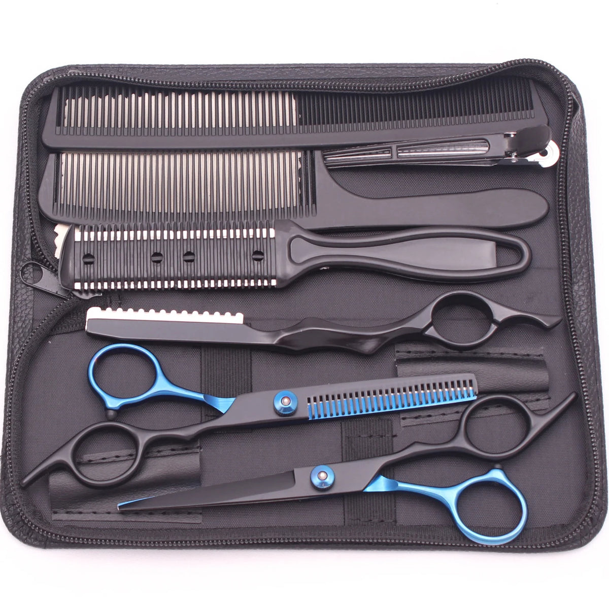 A black case containing professional stainless steel hairdressing scissors and combs.