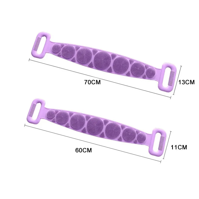 Purple silicone body scrubber and massage brush with handles for back and full body use