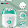 A white and teal rechargeable electric epilator device with a stainless steel blade and two speed switches shown on a light g