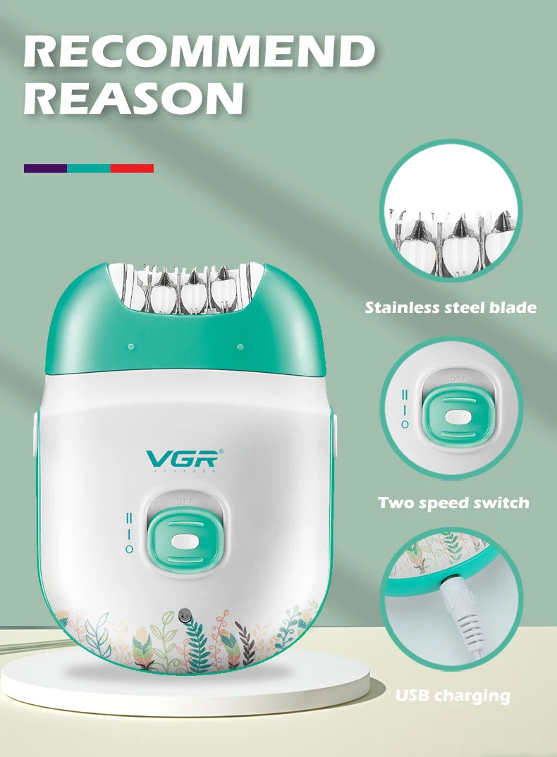 A white and teal rechargeable electric epilator device with a stainless steel blade and two speed switches shown on a light g