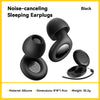 Black noise-canceling sleeping earplugs shown with a charging cable and packaging details.