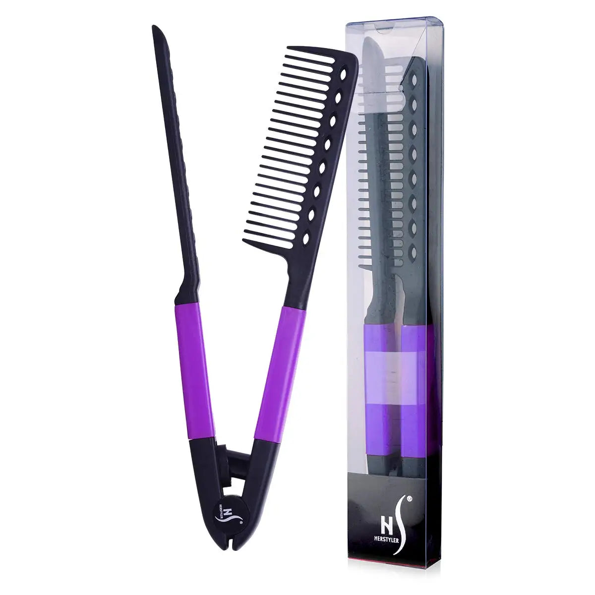 Peine para alisar el cabello en forma de V, negro y morado, con su estuche protector.