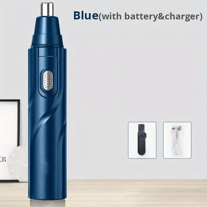 A blue electric nose hair trimmer with a battery and charger shown standing upright.