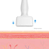 A white adjustable microneedle set is shown above a cross-section of skin, demonstrating the stamping action.