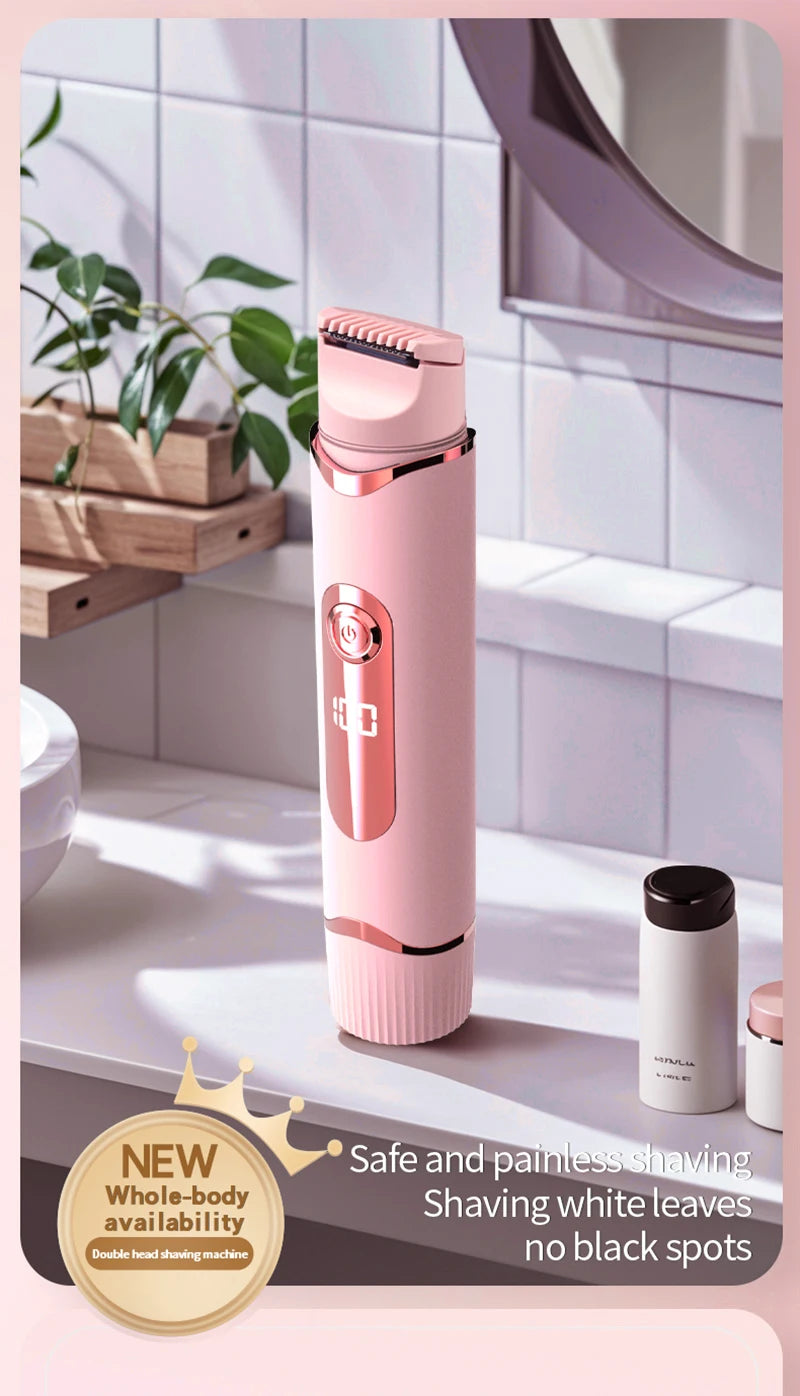 A pink electric shaver with white shaving leaves is shown on a bathroom counter.