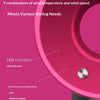 Close-up of a pink bladeless hair dryer with LED indicators and a dark base, showing various wind settings.