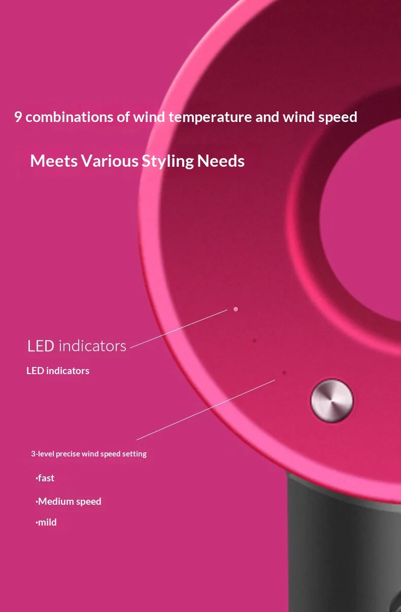 Close-up of a pink bladeless hair dryer with LED indicators and a dark base, showing various wind settings.