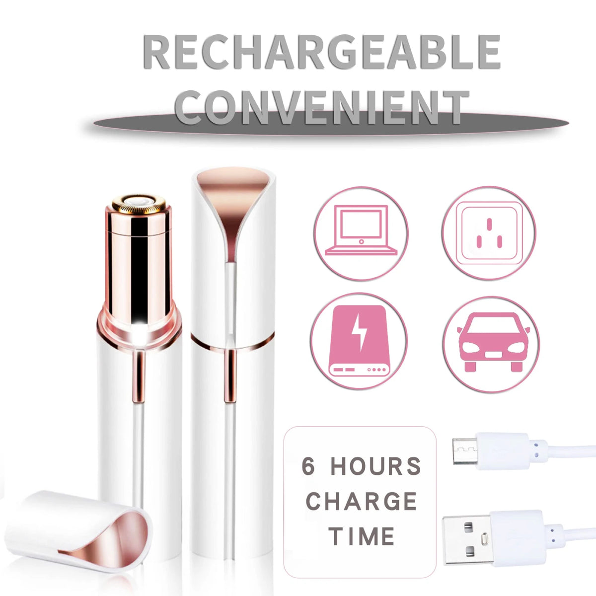 Akkubedingter Elektrikurgelscherer in Silber und Roségold mit Ladekabeln.