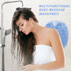 A woman is using a blue silicone foot scrubber for body massage in a shower.