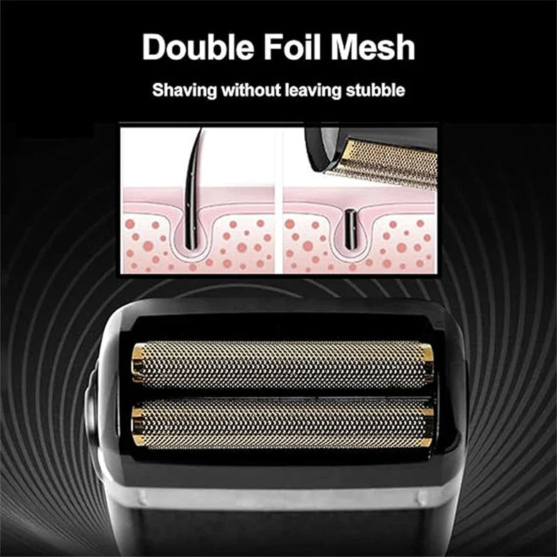 Close-up view of a black electric hair clipper with a double foil mesh shaving head.