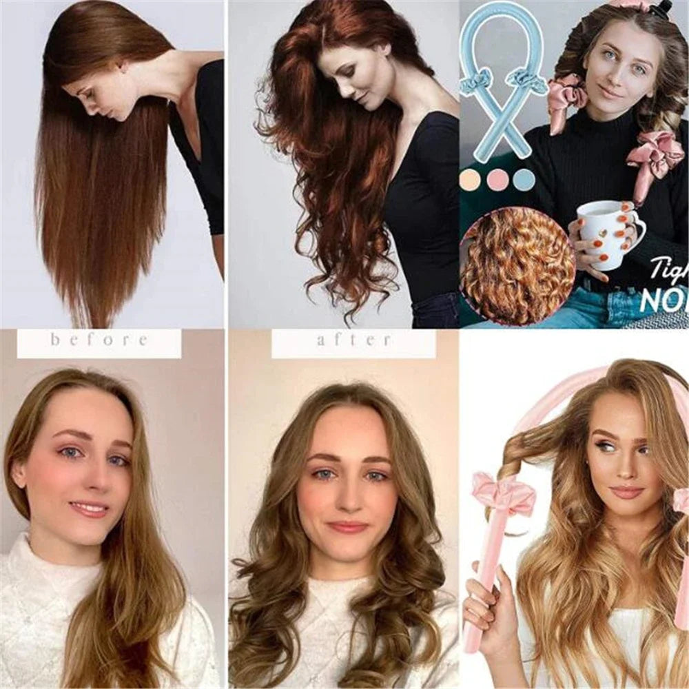 Before and after photos showing a heatless curling rod headband with satin bonnet set for hair styling
