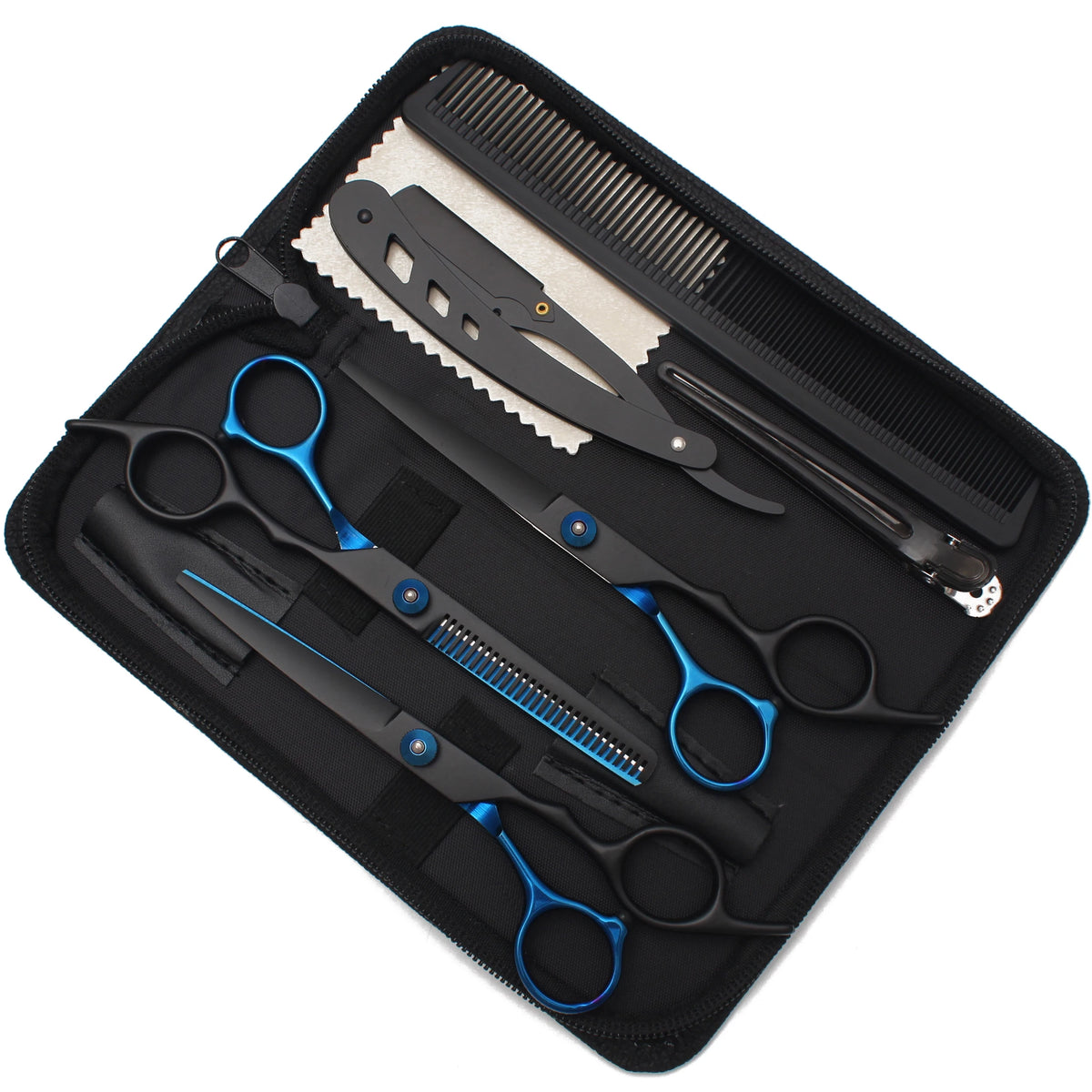 A black case holds professional stainless steel hairdressing scissors, combs, and other styling tools.