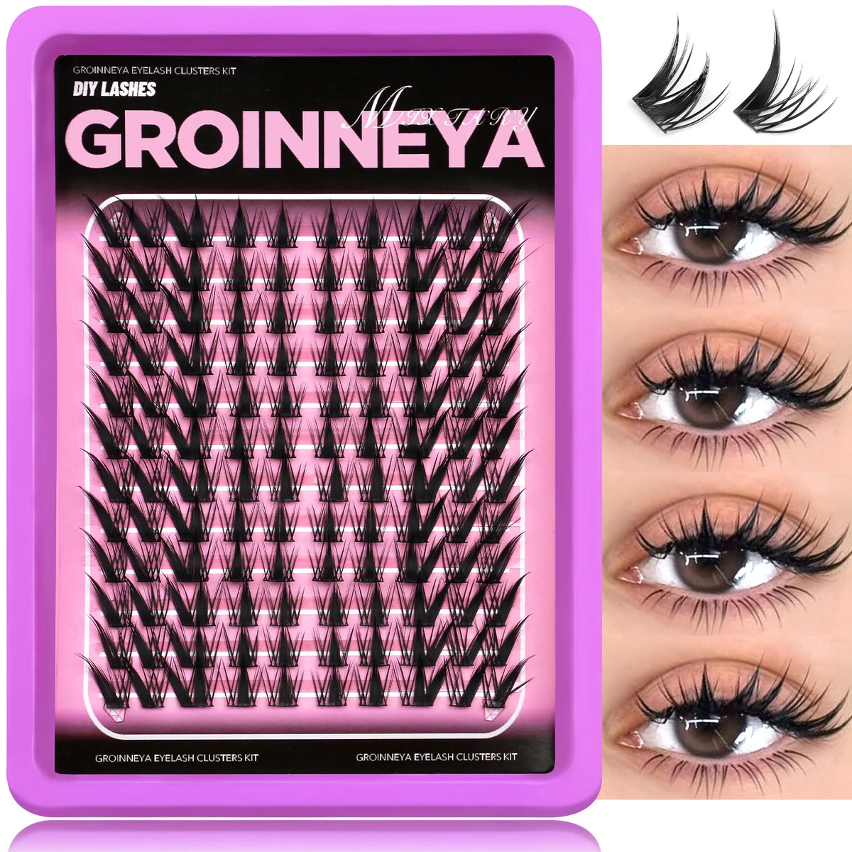 Boîte d'kit de clusters de cils Groinneya DIY montrant divers styles et exemples d'application.