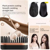 A black portable mini hair straightener is shown with a hair treatment in progress, demonstrating smooth combing and straight