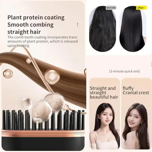 A black portable mini hair straightener is shown with a hair treatment in progress, demonstrating smooth combing and straight
