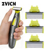 A hand holds a black and yellow electric shaver with replacement blades visible.