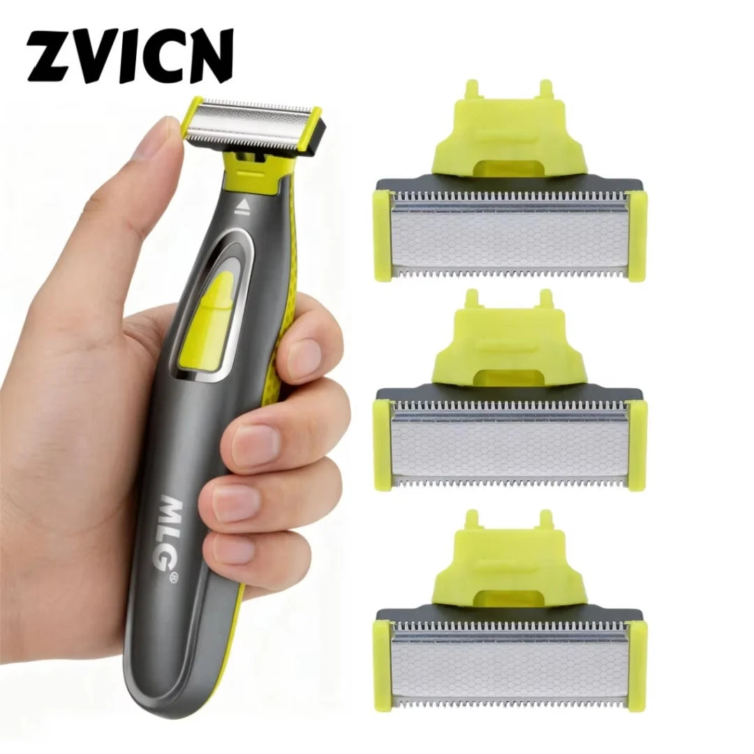 A hand holds a black and yellow electric shaver with replacement blades visible.