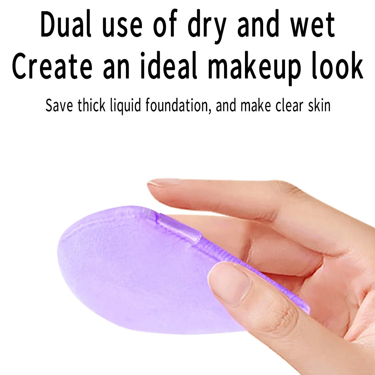 A hand holds a purple beauty sponge, demonstrating its use for makeup application.