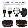 A set of professional comb tools for men's hair perm treatment including a comb, brush, mesh grid, glove, and rollers.