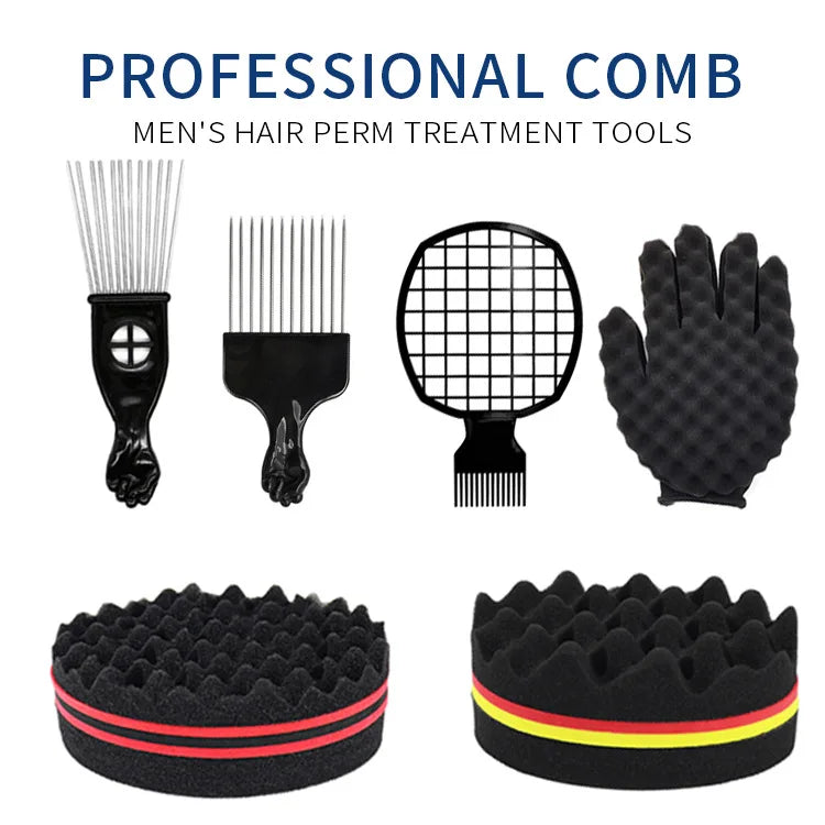 A set of professional comb tools for men's hair perm treatment including a comb, brush, mesh grid, glove, and rollers.