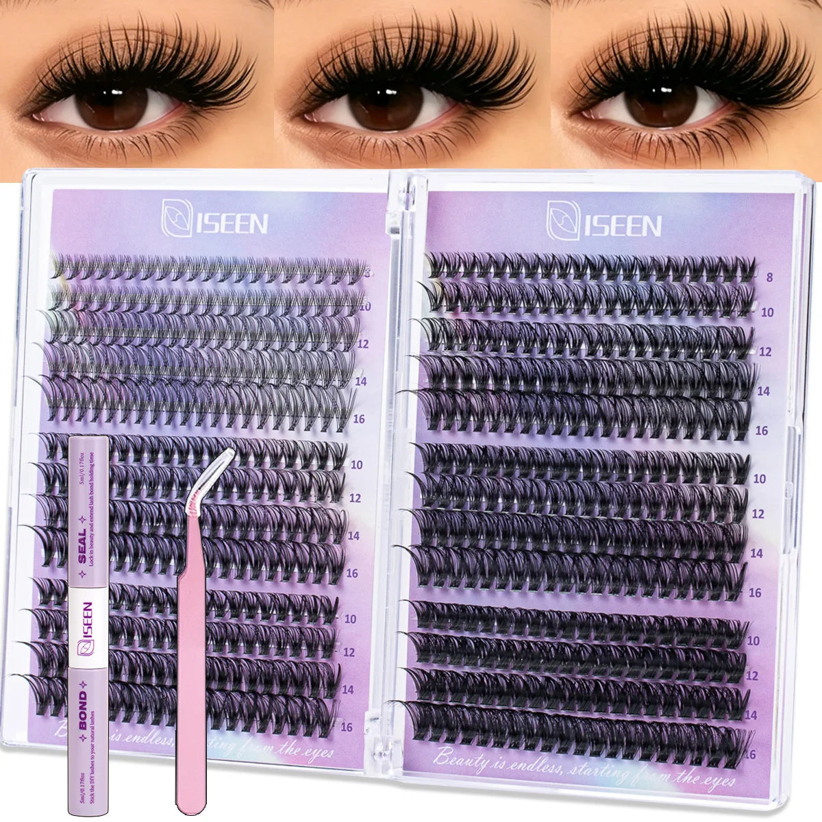 A box of DIY cluster lash kit with bond and seal tweezers showing various lash styles and lengths.