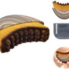A facial massage brush with a wooden handle and bristles, shown alongside its disassembled components.