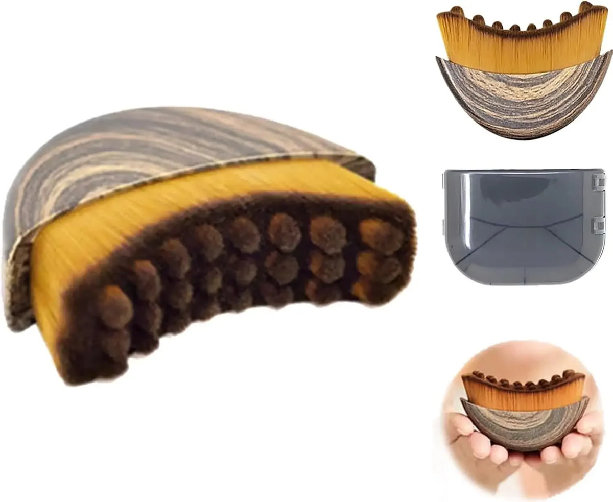 A facial massage brush with a wooden handle and bristles, shown alongside its disassembled components.
