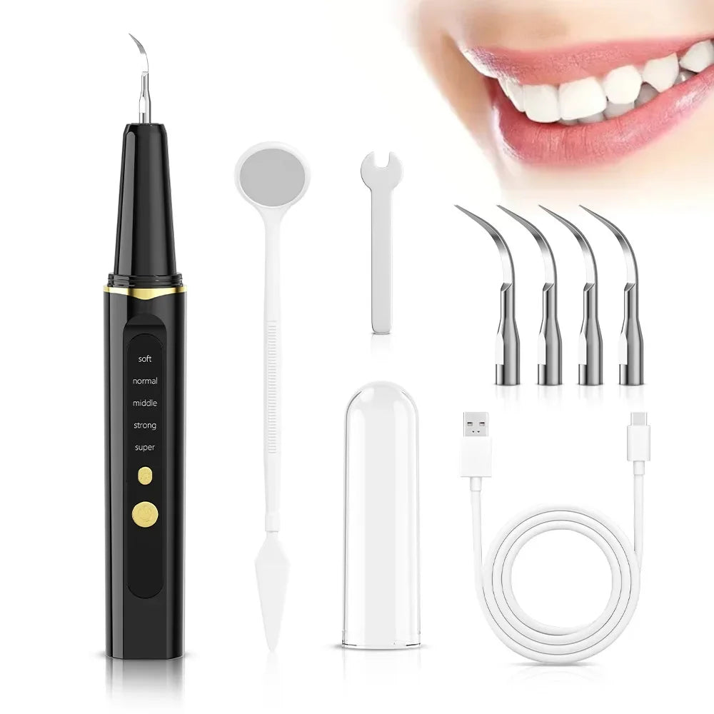 A black electric dental scaler with various cleaning tools including a scaler, pick, and ultrasonic device.