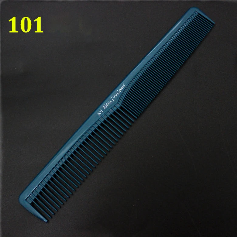 A close-up view of a teal anti-static professional hair cutting comb labeled 101.