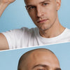 A man is using a 2-in-1 hair and beard trimmer device on his head and face.